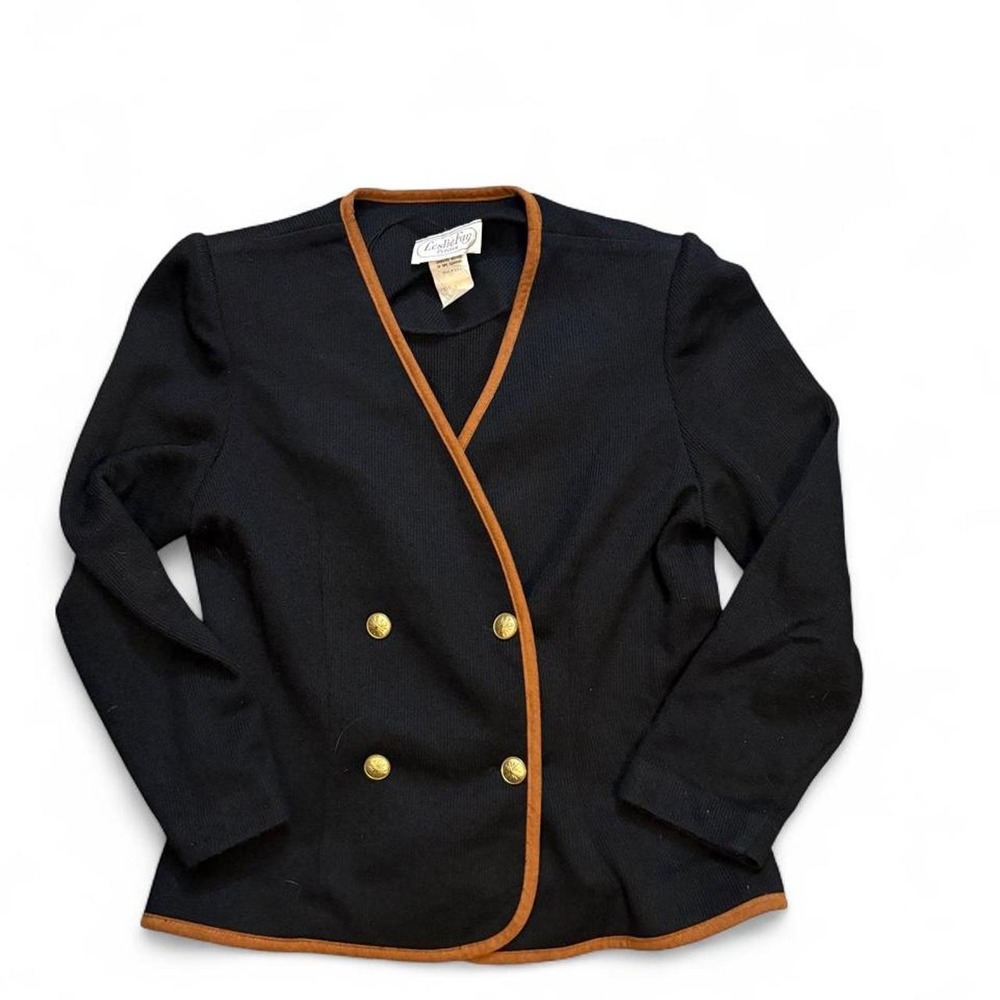 Vintage Leslie Fay Black Gold Button Equestrian Blazer 8 Preppy